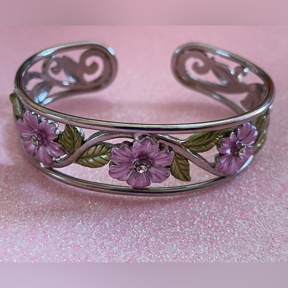Morning Glory Scroll Metal Bracelet Mauve Crystal Rhinestones Cuff Silver Tone